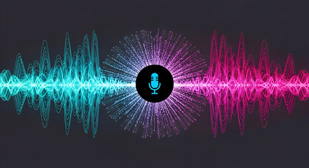 A central black circle contains a blue microphone icon surrounded by a burst of colorful particles....