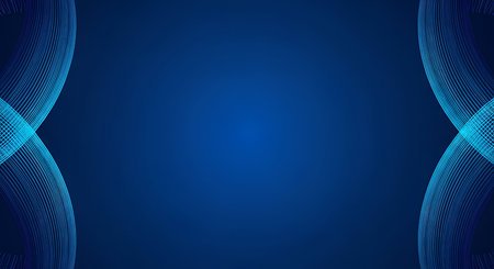 A deep blue background with a subtle gradient from dark to lighter blue. Two symmetrical abstract wave patterns made of thin, glowing blue lines are positioned on the left and right sides of the image, curving inwards towards the center. The lines are densely packed, creating a sense of texture and depth.の写真素材