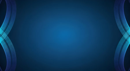 A deep blue gradient background with subtle, symmetrical abstract curved lines on the left and right sides. The design is clean and modern, suitable for various applications requiring a professional and understated visual.の写真素材