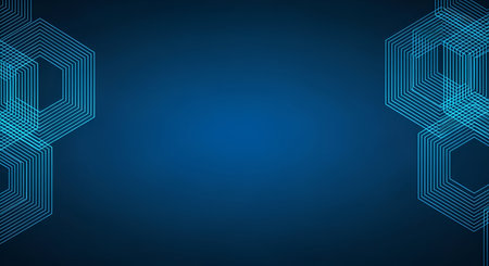 A dark blue gradient background featuring a repeating pattern of thin, outlined blue hexagons on both the left and right sides. The hexagons are arranged in a geometric, abstract manner, creating a sense of digital structure and connectivity. The center of the image is a clear, dark blue space.の写真素材