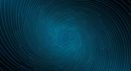 A deep blue, intense swirling vortex is depicted, formed by countless thin, light-colored lines converging towards a central point. The lines create a strong sense of motion and depth, drawing the viewer into the image. The background is a dark, almost black, gradient that enhances the luminous effect of the lines. This abstract visual suggests concepts of speed, data transfer, or a journey through a digital space.の写真素材