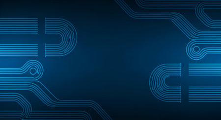 A dark blue gradient background is overlaid with intricate, thin blue lines forming abstract circuit-like patterns on the left and right sides. The lines are arranged in curved and linear pathways, creating a sense of technological complexity against the deep blue backdrop.の写真素材