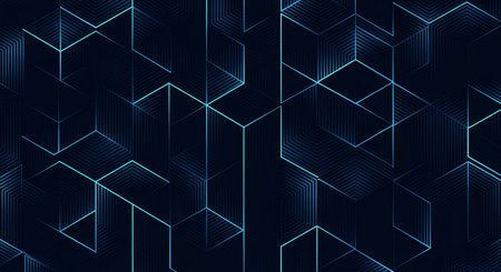 A dark blue abstract background with a complex geometric pattern. Thin, glowing cyan lines form interconnected cubes and hexagonal shapes, creating a sense of a digital network or futuristic structure. The deep blue background contrasts with the illuminated lines, giving it a technological and sophisticated feel.の写真素材