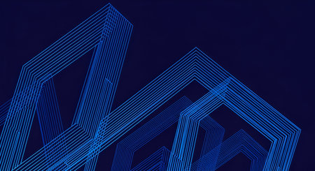 A dark blue background with a subtle gradient, showcasing a cluster of abstract geometric shapes resembling cubes. These shapes are formed by thin, parallel blue lines, creating a sense of layered structure and perspective. The composition is dynamic and suggests technological or architectural concepts.の写真素材