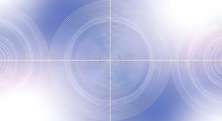 A soft, blurred background with a gradient of blue, purple, and pink hues. Overlaid are several sets of white concentric circles, with the central set being the most prominent and detailed. Two subtle lens flares add a touch of brightness and depth to the composition.の写真素材