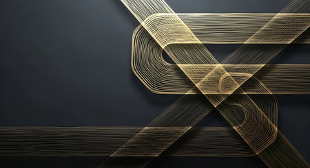 Abstract composition featuring interwoven golden lines with a subtle shimmer against a dark, smooth gradient background. The lines form geometric shapes and curves, creating a sense of depth and movement. This design evokes a feeling of luxury and sophistication.の写真素材