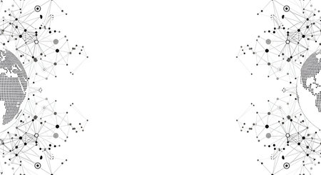 A white background with abstract representations of global networks. On the left and right edges, there are fragmented globe shapes made of dots. Connecting these and scattered throughout are intricate networks of lines and dots, forming clusters and pathways, suggesting data flow and interconnectedness.の写真素材