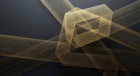 An abstract composition on a dark grey background featuring intersecting golden wireframe geometric...
