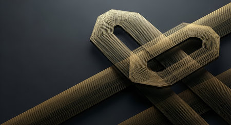 A close-up view of interlocking geometric shapes rendered in gold wireframe on a dark blue-grey background. The shapes are composed of concentric lines, creating a layered effect. Diagonal lines of the same golden material intersect the central forms, adding depth and dynamism to the abstract composition.の写真素材