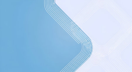 A serene abstract background features a soft blue area on the left transitioning into a lighter, almost white area on the right. Overlaid on the right side are curved, geometric shapes formed by thin, parallel white lines, creating a sense of gentle movement and layered design. The overall aesthetic is clean, modern, and minimalist.の写真素材