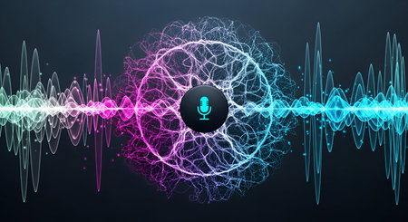 An abstract visualization of sound waves and audio processing. A central glowing orb with a...