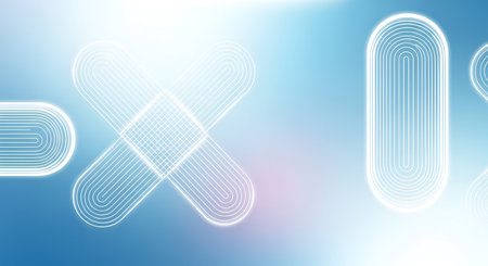 A bright blue gradient background serves as the canvas for abstract white geometric shapes. These...