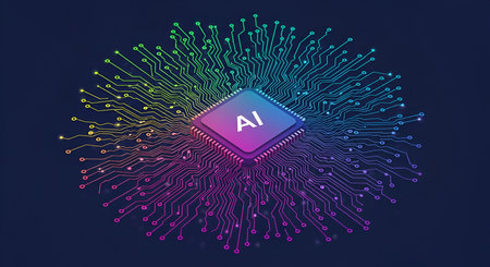 A central square processor chip labeled "AI" is depicted with a purple and pink gradient. It is surrounded by a radiating network of colorful circuit board lines that transition from green at the top to purple and pink at the bottom. The dark background emphasizes the glowing, intricate pathways of the digital connection.の写真素材