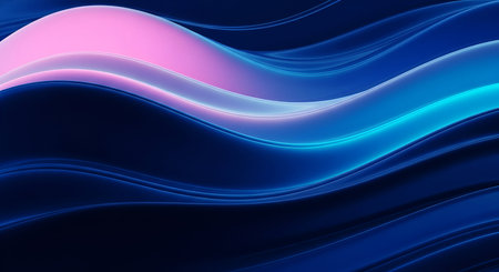 Smooth, flowing, wavy forms in shades of deep blue, cyan, and pink create an abstract composition...