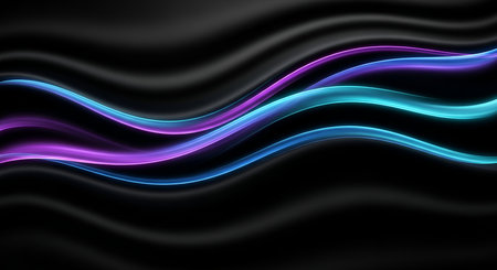 This abstract image features flowing, wavy lines of neon light in shades of bright blue, cyan, and...