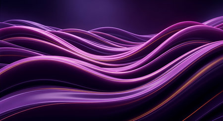 An abstract, flowing landscape of smooth, wavy forms in deep purple hues. Thin, shimmering golden...