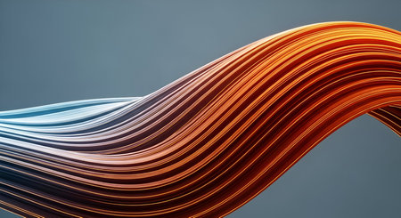 A dynamic abstract image featuring a flowing wave of thin, glowing lines. The lines transition from...
