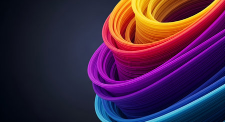 A vibrant, abstract form resembling a twisted ribbon or a rolled-up fabric is depicted against a dark, gradient background. The form is composed of multiple layers of color, transitioning through a spectrum from deep purple and blue to green, yellow, orange, and red. Each layer has a ribbed texture, and the overall shape is fluid and dynamic, with smooth curves and a sense of depth.の写真素材