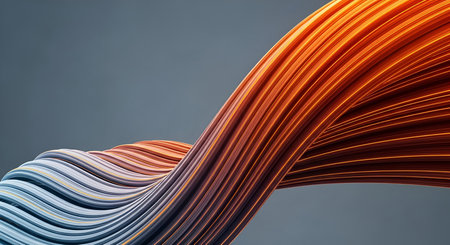 A close-up of a twisted abstract form composed of numerous strands. The strands transition from a bright orange and yellow on one side to a cool white and light blue on the other, with glowing edges. The texture is smooth and fluid, suggesting a dynamic energy or flow. The background is a muted, solid grey, allowing the colorful strands to be the focal point.の写真素材
