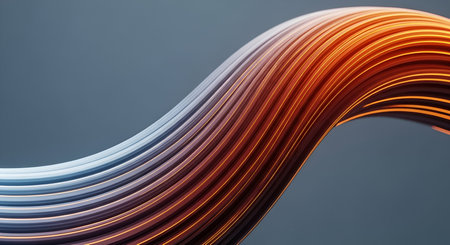 Abstract wavy metallic strands transition smoothly from cool blue tones on the left to warm orange and yellow hues on the right. The surface is textured with fine lines, creating a sense of depth and flowing motion.の写真素材