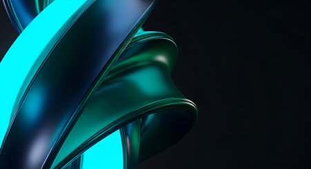 A close-up abstract image of a twisted, ribbon-like form with a highly reflective, metallic surface. The form is illuminated by a bright, intense cyan light on its left side, contrasting with the darker, teal-like reflections on its right. The background is a deep, dark, out-of-focus shade.の写真素材
