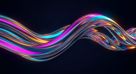 A visually striking abstract form with a twisted, flowing, liquid-like appearance. The surface is highly iridescent, reflecting a spectrum of vibrant colors including pink, cyan, orange, and yellow against a dark background. The material appears smooth and metallic.の写真素材