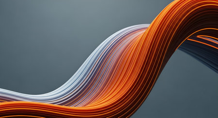 An abstract image featuring intertwined strands of vibrant orange and cool white, flowing in a smooth, curved motion against a neutral grey background. The fine lines within the strands suggest texture and energy.の写真素材