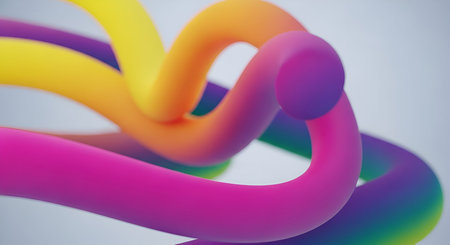 An abstract composition featuring several smooth, rounded tubes that are intertwined and looped. The tubes display a vibrant gradient of colors, transitioning from bright pink and purple to yellow, orange, and hints of green. The soft lighting and shallow depth of field create a sense of volume and a slightly playful, organic feel to the abstract forms.の写真素材