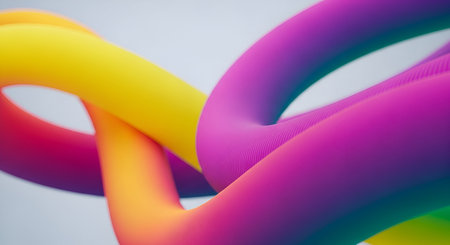 Abstract image featuring intertwined, smooth, rounded tubes in a vibrant rainbow gradient of yellow, orange, pink, and purple. The soft lighting and flowing curves create a sense of depth and movement, with a subtle ribbed texture visible on the surfaces. The background is a soft, light gray, emphasizing the colorful forms.の写真素材