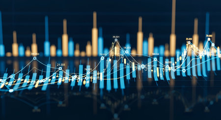 A dynamic financial data visualization featuring blue and yellow candlestick bars and intersecting line graphs against a dark blue background. Numbers and labels are visible on the graphs, indicating market trends and data points. The overall presentation is abstract and digital, suggesting complex financial analysis.の写真素材