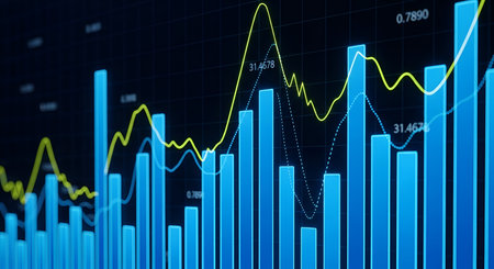 A close-up view of a digital financial chart with prominent blue vertical bar graphs and a bright yellow line graph indicating trends. Numerical data points are visible on the chart. The background is dark, making the glowing blue and yellow elements stand out, suggesting a focus on financial performance and analysis.の写真素材