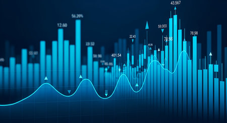 A digital illustration depicts a financial stock market graph with blue vertical bars representing data points and a fluctuating blue line graph showing trends. Numerical values are displayed on some bars and points on the line. The background is a dark blue gradient with subtle light effects.の写真素材