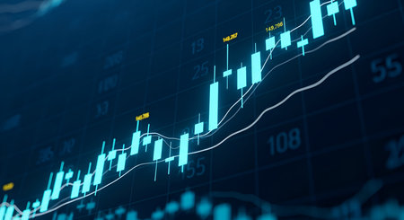 A detailed view of a blue financial stock market chart. The image features candlestick patterns, representing price movements, with vertical bars and horizontal lines. A bright light blue line graph traces an upward trend across the screen, accompanied by numerical data and a grid.の写真素材