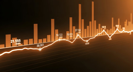 This image presents an orange financial graph viewed from a slight perspective. Vertical bars represent data, and a luminous white line graph traces trends with visible numerical values and percentage changes. The dark, subtly gridded background enhances the glowing effect of the financial data.の写真素材