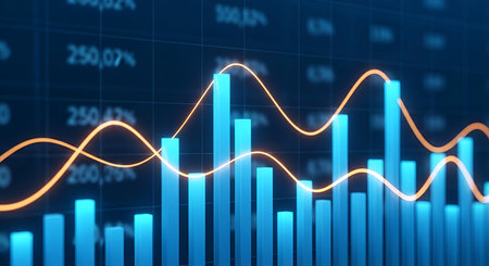 A close-up view of a blue bar chart with glowing orange trend lines moving across it. The bars represent data points, and the lines indicate fluctuations and trends. A grid background with numerical percentages is visible, adding to the financial theme.の写真素材