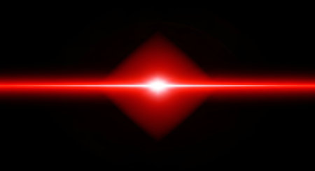 A vibrant red horizontal light streak with a bright white core is centered against a dark, black background. A soft, diamond-shaped red glow surrounds the center, creating an abstract and energetic visual.の写真素材