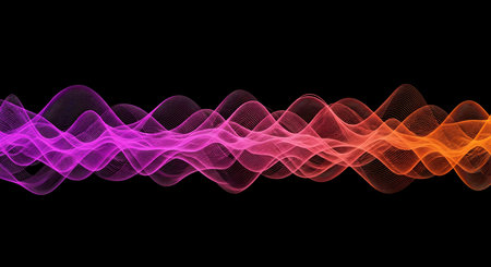 An abstract visualization of a sound wave or equalizer displayed as a flowing, undulating line. The wave transitions from vibrant purple and pink on the left to warm orange and red on the right, against a stark black background. The intricate, mesh-like texture of the wave suggests digital data or energy flow.の写真素材