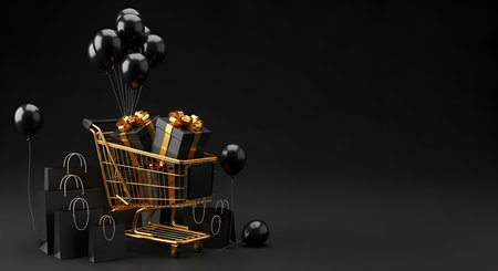 A golden shopping cart filled with black gift boxes tied with golden ribbons. Several black balloons are attached to the cart, and more black shopping bags are arranged around it. The entire scene is set against a plain black background, emphasizing the luxury and exclusivity of the items.の写真素材