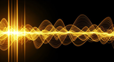 A vibrant yellow waveform representing sound or energy pulses against a black background. The...