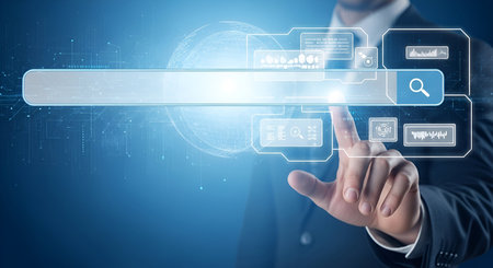 A man in a dark suit is shown with his finger touching a glowing, futuristic digital interface. The...