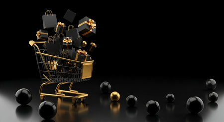 A golden shopping cart is overflowing with black gift bags and boxes tied with gold ribbons. Several black and gold spheres are scattered around the cart on a reflective dark surface, suggesting a theme of shopping and gifting, possibly for Black Friday or a special sale.の写真素材