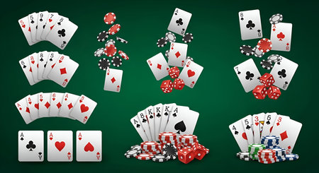 This image showcases various elements associated with casino card games. Different hands of playing...