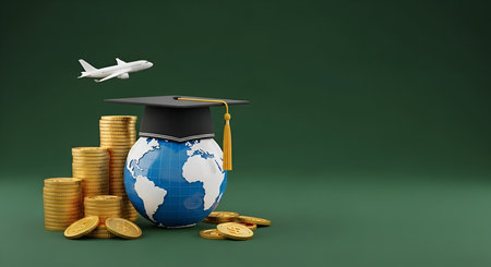 A 3D render depicting a globe wearing a black graduation cap with a yellow tassel. A stack of gold...