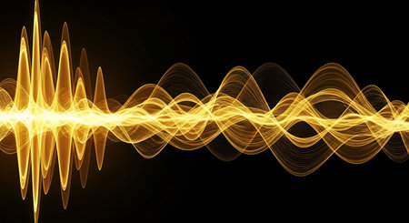 A vibrant, glowing golden waveform representing sound or energy pulses against a stark black background. The waveform displays complex oscillations and varying amplitudes, suggesting a dynamic and powerful signal. The intricate lines create a mesmerizing abstract pattern.の写真素材