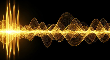 A vibrant golden sound waveform pulses and oscillates across a dark black background. The waveform starts with a bright, intense spike on the left and then transitions into a series of undulating waves, showcasing a dynamic and energetic visual representation of sound or data.の写真素材
