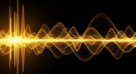 A bright, glowing golden waveform is depicted against a solid black background. The abstract visualization represents sound or data, with sharp peaks on the left transitioning into smoother, undulating waves across the image, conveying energy and digital information.の写真素材