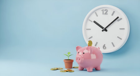 A cute pink piggy bank sits on a light blue surface, with a small green plant in a terracotta pot to...