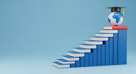 A conceptual image depicting a graduation cap perched on top of a globe, which rests on a stack of red and white books. This ensemble forms the peak of a staircase constructed from numerous blue books. The scene is set against a solid, light blue background, symbolizing education and the journey towards academic success.の写真素材