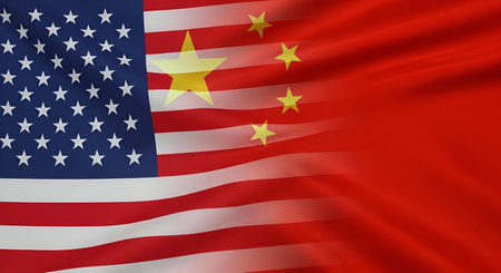 A visual representation of the American flag and the Chinese flag merged together, with the American...
