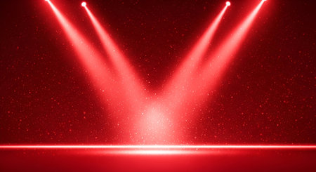 This image features a dark red background illuminated by three bright red spotlights converging on a...